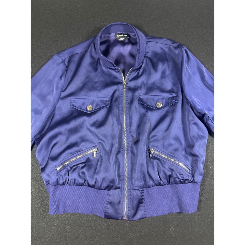 Bebe Royal Blue Satin Vintage Bomber Jacket Women XL Full Zip 109RW201